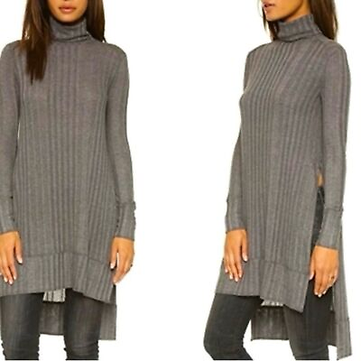 #ad Free People We The Free Grey Ribbed Turtleneck Top with Deep Side Slits Size S $23.99