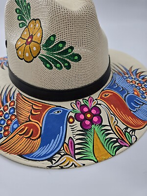 #ad Hand Painted Mexican Art Folkloric Sun Hat Sombrero Fiesta Birds Flowers Summer $40.00