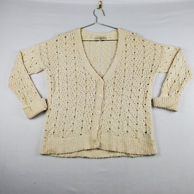 #ad Jones New York Cardigan Sweater Women#x27;s Medium Cream Cotton Cable Knit Classic $17.82