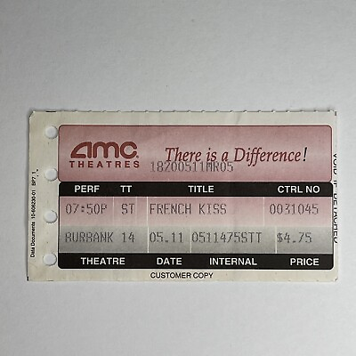 #ad French Kiss 1995 Ticket Stub Vintage 90s Retro Movie AMC Theater Comedy Meg Ryan $17.49