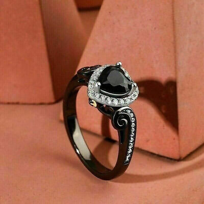 #ad 14K Black Gold Plated 2Ct Lab Created Black Diamond Heart Cut Women Wedding Ring $87.49