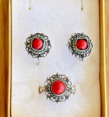 #ad Vintage Set Russian Ring Earrings Sterling Silver Jewelry 925 Coral Women $145.00