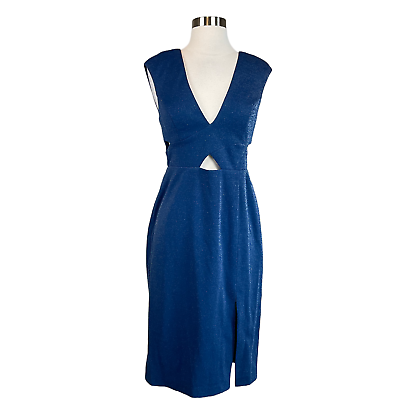 #ad Aidan Mattox Women#x27;s Cocktail Dress Size 2 Blue Metallic Cutout Midi Sheath $29.99