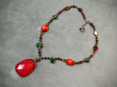 #ad Vintage amp; Gorgeous Silver RedGreenBlack Stones Necklace w Faceted Carnelian? $32.85