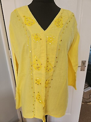 #ad Yellow Ladies 100% Cotton Embroidered Sequin Long Sleeve Kaftan Tunic Top L GBP 14.00