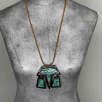 #ad Artisan pendant necklace hand made jewelry painted fired ceramic teal black FLAW $15.00