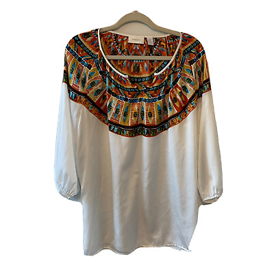 #ad Chicos Top Womens Large Multicolor Bohemian Artsy Print Satin Like Blouse $17.32