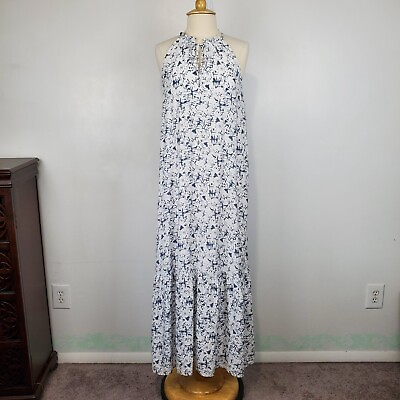 #ad Nine West Sleeveless Gray White Halter Neck Tiered Summer Maxi Dress Size M $24.99