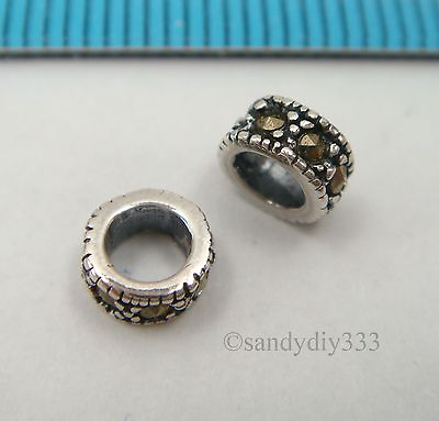 #ad 4x ANTIQUE STERLING SILVER MARCASITE STONE RONDELLE SPACER BEAD 5.4mm #2431 $4.68