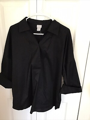 #ad Chicos Cotton Stretch 3 4 Cuff Sleeve Front Snap Oversized Blouse Size 2 Black $20.29