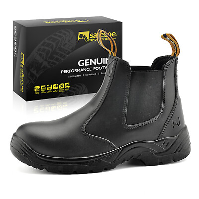 #ad Safety Work Boots Mens Shoes Steel Toe Black Leather Water Resistant Slip on US $44.99