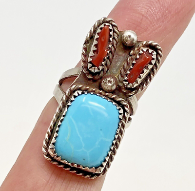 #ad Unusual Vtg Navajo Coral Turquoise Ring Sz6 Sterling Estate 9.7g Saw Tooth $59.35