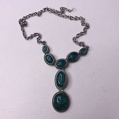 #ad Napier Necklace Dangle Y Blue Green Stones Silver Tone Chain Links 16 in $17.00