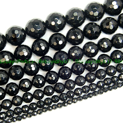 #ad Natural Black Onyx Agate Faceted Round Gems Beads 15quot; 4mm 6mm 8mm 10mm 12mm 14mm $4.50