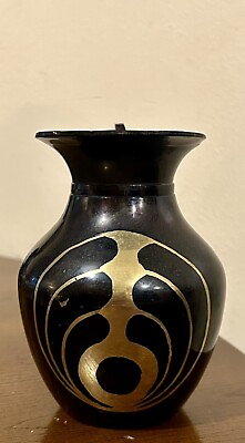 #ad Vintage Solid Large Brass Black Gold Etched Vase. Made in India. 5” Tall $19.85
