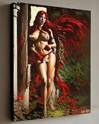 #ad Red Sonja Painting Vintage Woman w COA Framed Canvas 40X30cm signed $300.00