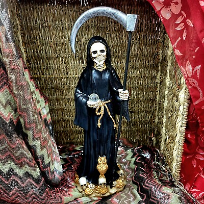 #ad 11quot; Santa Muerte Black Statue Holy Death Santisima Muerte On Money $55.00