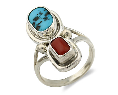 #ad Navajo Ring .925 Silver Red Coral amp; Blue Turquoise Native Artist C.80#x27;s $138.00