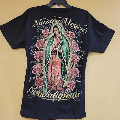 #ad VIRGEN DE GUADALUPE T SHIRT Nuestra Virgen Black with glitter sz MED graphic tee $19.95