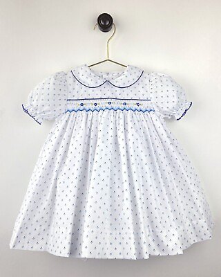 #ad NWT Petit Ami White amp; Navy Blue Dot Smocked Girls Dress 2T Toddler 2 Years $41.79