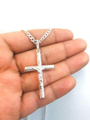 #ad Nice Men Cross Necklace 24” Rustic Style Cross 925 Sterling Silver Cross Pendant $75.99