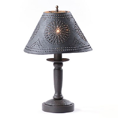 BEDSIDE TABLE LAMP with Punched Tin Shade Distressed Textured Black Finish USA $198.45