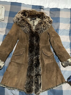#ad Ladies K Yen brown leather amp; fur coat fits size 8 10 💜 GBP 100.00