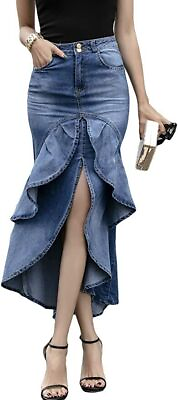 #ad Women#x27;s Elegant Slim High Rise Split Hi Low Mermaid Fishtail Bodycon Denim Skirt $14.99