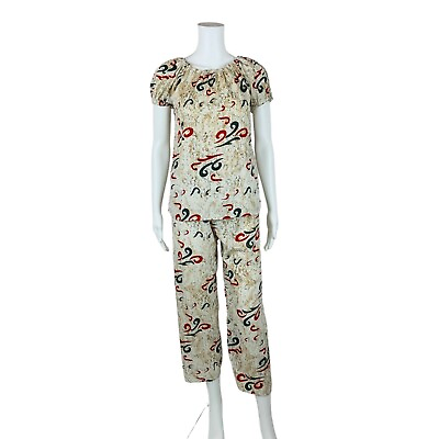 #ad Vintage Nylon Pajamas Handmade Swirl Print Elastic Top Pants Set $25.50
