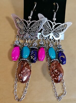 #ad Vintage retro style butterfly earrings with beads and tassel chandelier earrings GBP 4.59