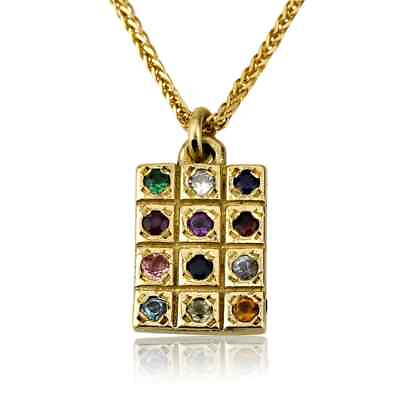 #ad Hoshen Gemstones Rectangle Pendant Necklace in 14k Yellow Gold Jewish Jewelry $540.90