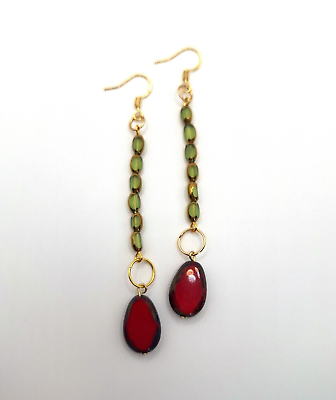 #ad Green 18k Gold Dangle Earrings Red Boho Chic Delicate Earrings Artsy Unique $26.00