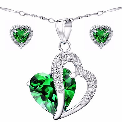 #ad Simulated Emerald Sterling Silver Pendant Necklace Earring Set Gifts for Her $39.99