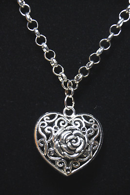 #ad Heart Shape Rose Charm Pewter Stainless Steel Chain 18quot; Flower Pendant necklace $5.99