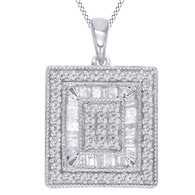 #ad 9 10ct Round amp; Baguette Natural Diamond Sterling Silver Fashion Pendant Necklace $319.35