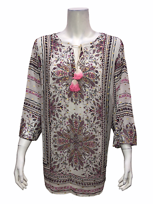 #ad Dennis Basso Women#x27;s Foil Print Chiffon Tunic with Camisole Pink 18W Plus Size $30.00