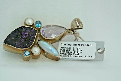 #ad Starborn Creations Silver Purpurite Amethyst Moonstone Freshwater Pearl Pendant $150.00