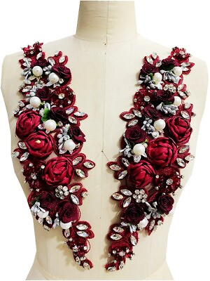 #ad 1 Pair 3D Flowers Bridal Wedding Applique Crystal Beaded Floral Lace Trim Patch $33.30