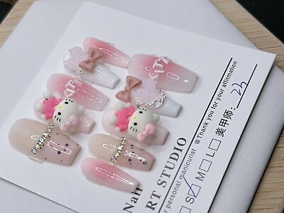 #ad Handmade Cute Pink Hello Kitty False Nail Long Coffin Press on Nail Nail Art $12.99