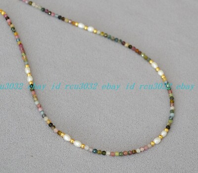 #ad Faceted 3mm Natural Multicolor Tourmaline White Pearl Round Beads Necklace AAA $11.39