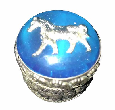 #ad Vintage Small Round Jewelry Trinket Box Blue W Silver Horse Made In India $22.49