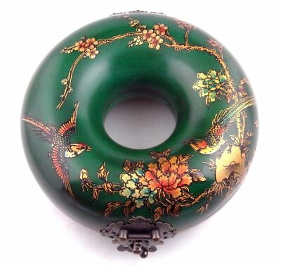 #ad Green Finish Wood Round Necklace Jewelry Box Bird Flower Hand Painted Brass Lock $59.99