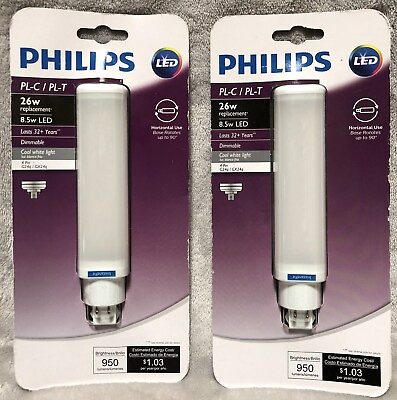 #ad NEW X2 Philips 8.5w LED COOL WHITE LIGHT Dimmable Light Bulbs PL C PL T 4 Pin $21.99