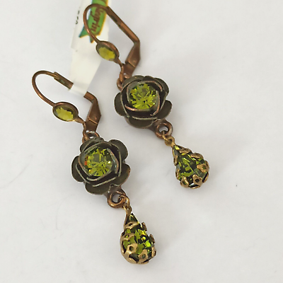 #ad Michal Negrin Earrings Olive Green 3d Rose Teardrop With Swarovski Crystals Gift $47.20