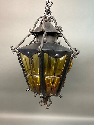 Vintage Chandelier lamp pendant Handmade Glass Blown Caged Wrought Iron Hacienda $595.00