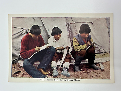 #ad Vintage Alaska Postcard Eskimo Boys Carving Ivory Native American New NOS $1.49