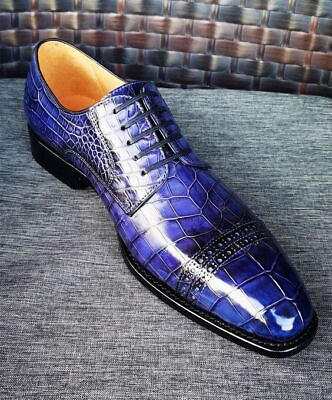 #ad New Men Handmade Blue Crocodile Print Leather Derby Lace up Toe cap Dress Shoes GBP 149.99