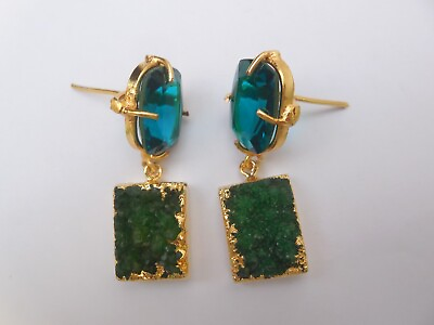 #ad Druzy Agate Gold Edge Earrings Chandelier Gemstone Teal Blue Stud Jewelry $19.54