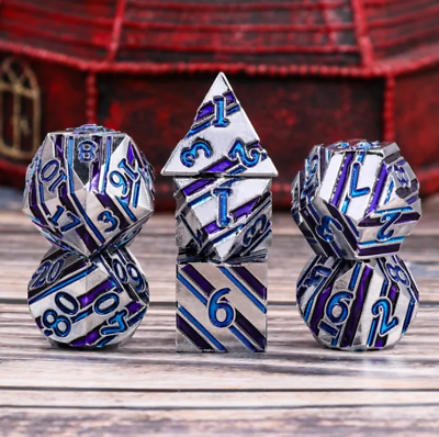 #ad Banded Silver w Blue amp; Purple Metal DnD Dice Set Dungeons amp; Dragons ADamp;D d20 $49.95
