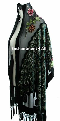 #ad Stunning Beaded Silk Velvet Peacock Scarf Shawl Black $27.99